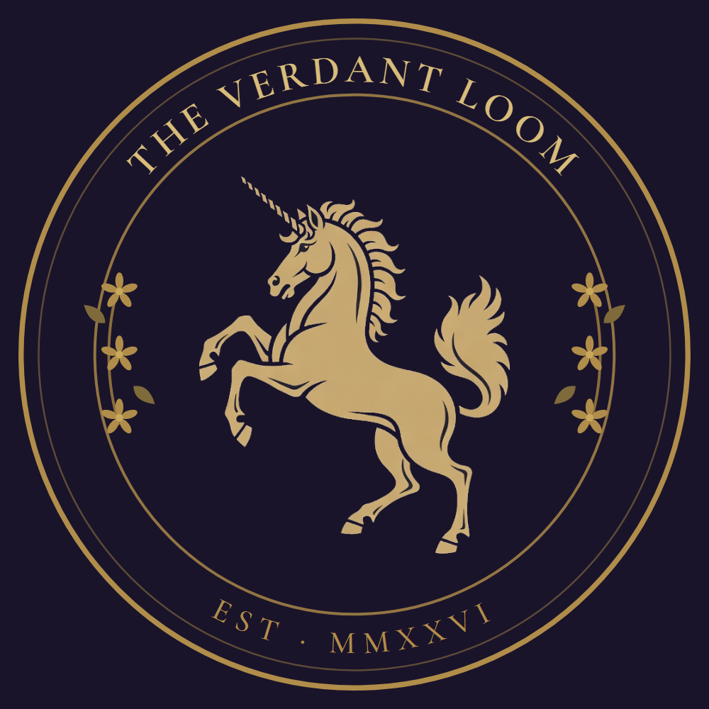 The Verdant Loom — a gold rampant unicorn within a mille-fleur roundel